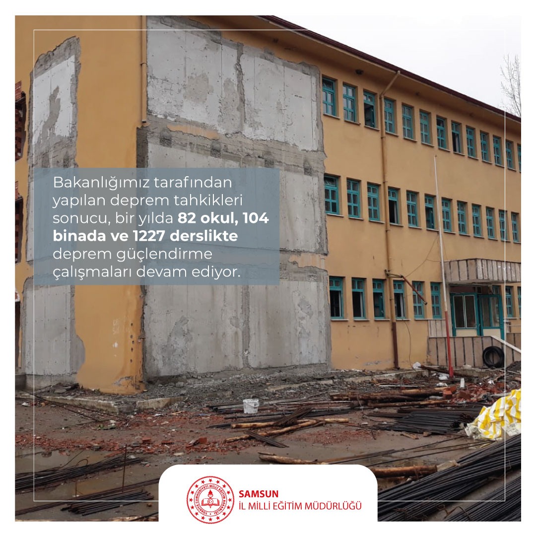 Bakanlığımız tarafından yapılan deprem tahkikleri sonucu, bir yılda 82 okul, 104 binada ve 1227 derslikte deprem güçlendirme çalışmaları devam ediyor. #eğitimdesonbiryıl <a href="/muratagar60/">Murat AĞAR</a>