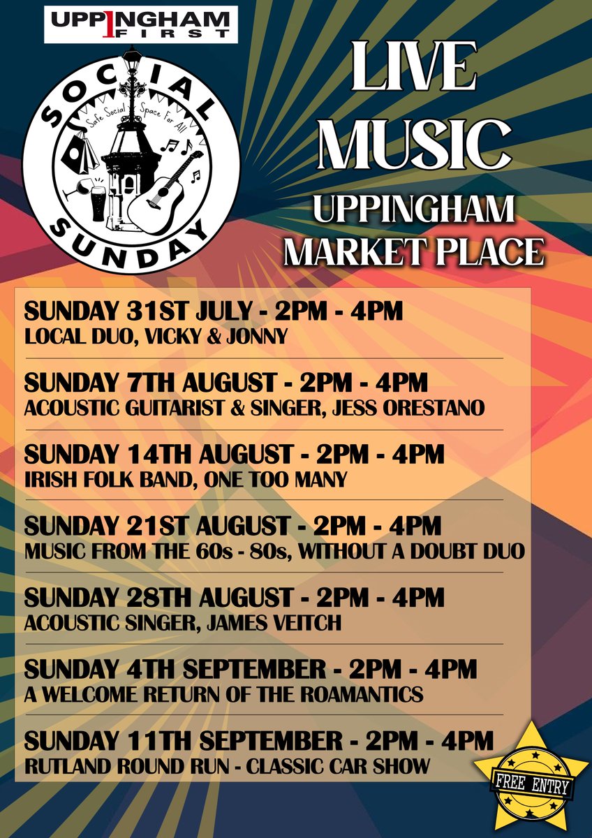Social Sunday market place programme for August and September. Classic Cars on September 11th. See them parked around the town centre following the Round Rutland Run.