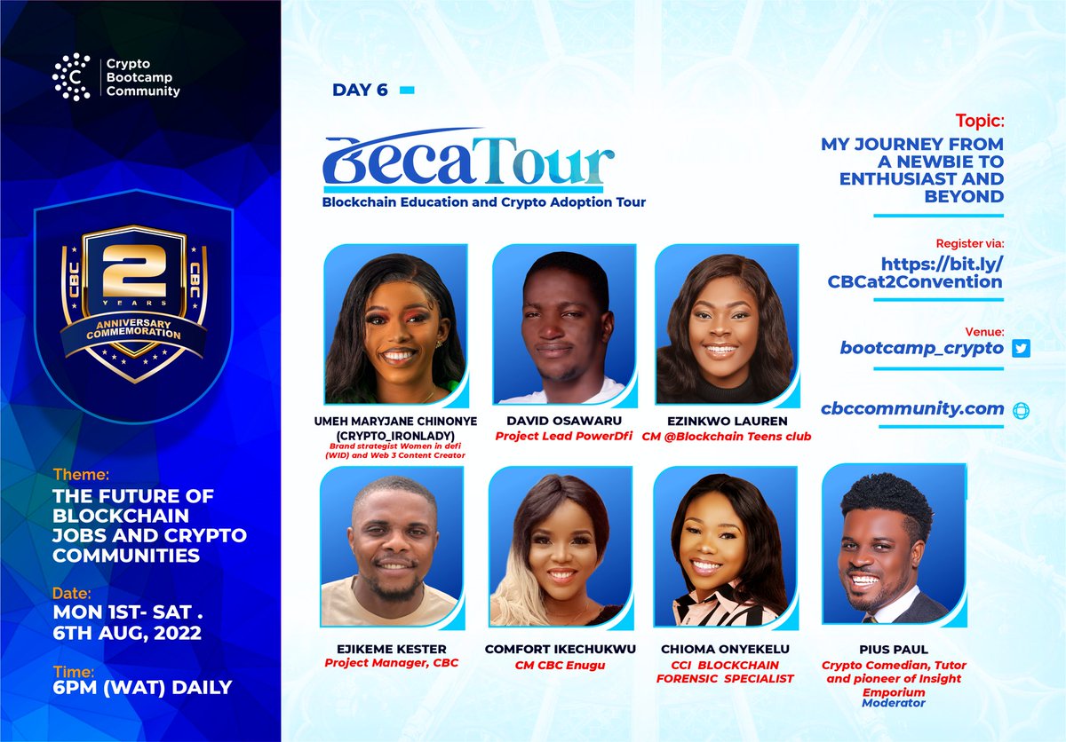 How I wish this doesn't have to end, but today is the last day of @bootcamp_crypto #CBCat2Convention.

In today's session, our speakers will discuss their head starts in the crypto space, their journey so far, as well as their niche in the sector.