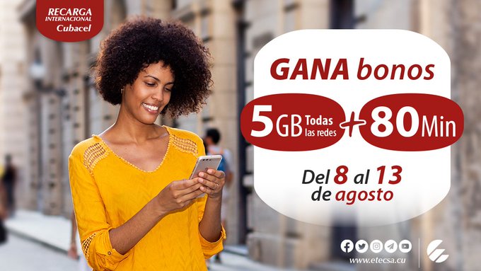 Recuerde que hasta el 13 de agosto vigente #Promoción de RECARGA Internacional
Si recibes 📲 una recarga entre 500 y 1250 CUP, el monto va a tu saldo principal y además ganas bonos de:
✔️ 5GB Datos (todas las redes)
✔️ 80 Minutos
A consumir en los próximos 30 días
<a href="/ETECSAGranma/">Bayamesa2025</a>