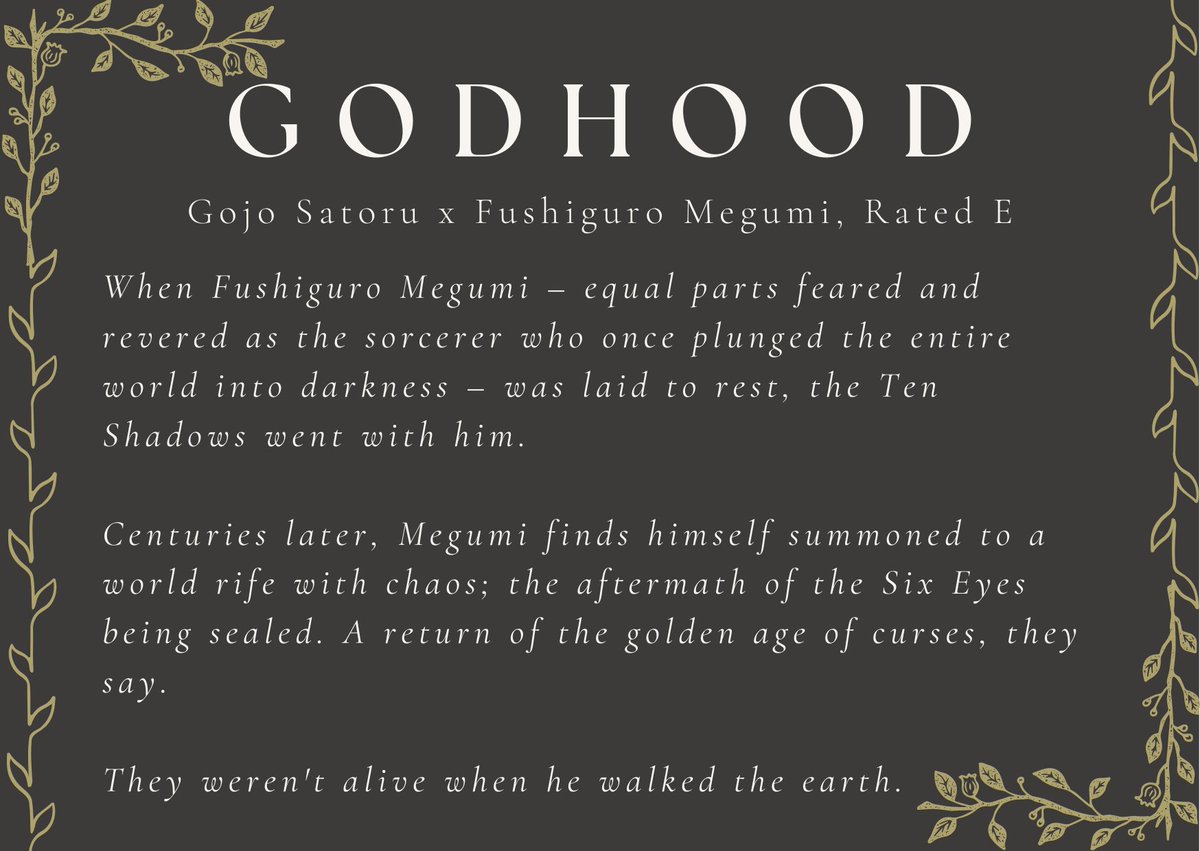 fusilil's tweet photo. ✨ Godhood ✨

Gofushi, Rated E

- Starring a Zenin-Gojo clan feud, and an untold love spanning lifetimes

- Follow Megumi's rise to notoriety in Heian Japan, and his subsequent summoning in modern-day Tokyo

Link ⬇ https://t.co/JSoUULt6oJ