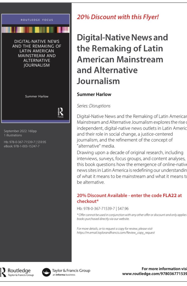 I didn’t have flyers in time to hand them out at #aejmc22, but here’s a digital version in case you’re interested in learning about my upcoming book about digital native journalism in Latin America and would like a discount code. 🤩