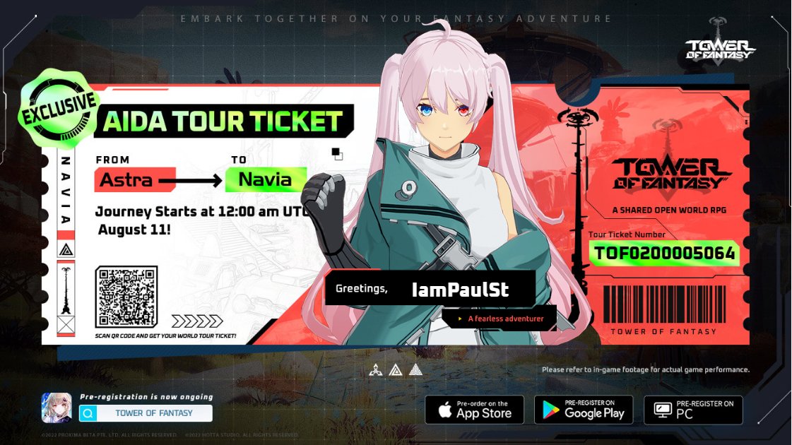 IamPaulSt's tweet photo. I got my Aida Tour Ticket for a fantasy journey! Just created my anime self and decide on my first destination on Planet Aida! 
https://t.co/2Y82kOvS6M
Together to the fantasy world on August 11!
#ToF #TowerofFantasy #AidaTourTicket https://t.co/kIgoAZcbTQ