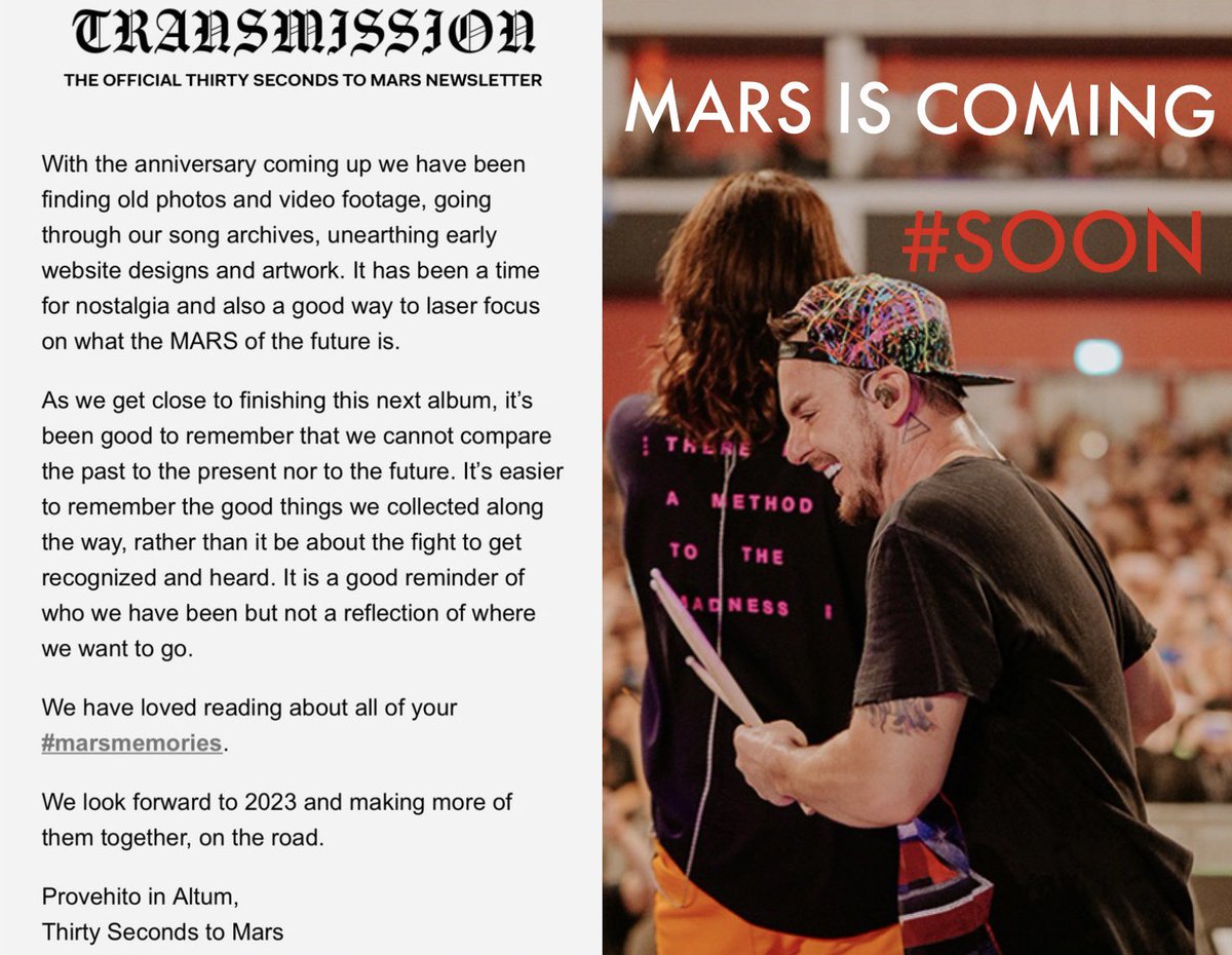 30STMandmore's tweet photo. Did you read the latest #marstransmission newsletter! #marsiscoming 2023 🥁 🎤 🕺🕺
#thirtysecondstomars #30secondstomars https://t.co/lcfmFTlS5T