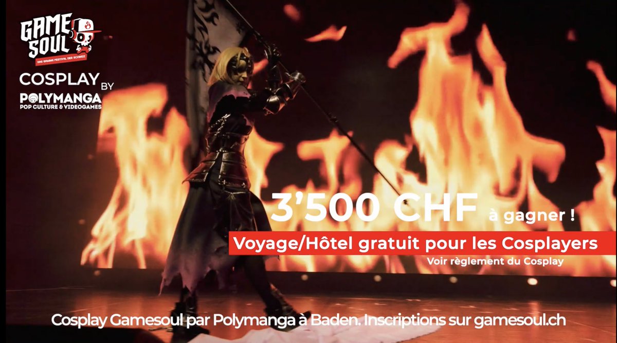 Polymanga's tweet photo. Ce dimanche à 14h a lieu à Gamesoul Baden le grand cosplay @polymanga 

Diffusé en direct sur la chaîne https://t.co/wKp3hUhl5p vous pourrez voter pour votre cosplayeur préféré. A la fin du concours, on annoncera en exclu un nouveau gros événement Cosplay pour Polymanga en 2023. https://t.co/DTO41C8OC3