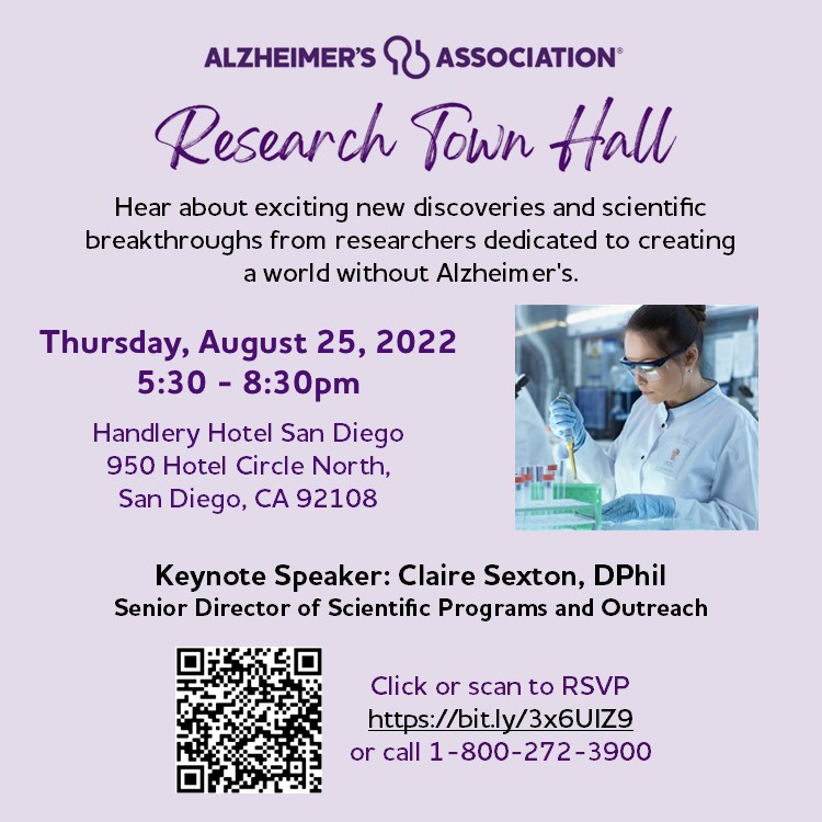SanDiegoAlz's tweet photo. On August 25, hear findings from the recent #AAIC22 conference, including the prevalence of dementia based on factors as varied as racism, Covid-19, hypertension during pregnancy, sports injuries, socioeconomic status, and consumption of ultra-processed foods. https://t.co/YSEODKakHW