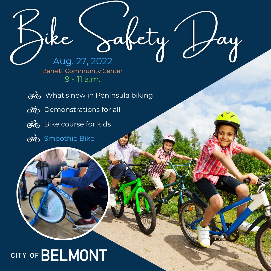 mybelmont's tweet photo. Hey 🚲Bike 🚴enthusiasts!  Join us 08/27 from 9-11 a.m. at our Barrett Community Center for #BikeSafetyDay

Meet @BelmontParksRec, @BelmontCA_PWORK &amp; @belmontcapolice staff to learn about safe biking in #BelmontCA. 

#GoBiking #BikeTrails #BayAreaBiking @bikesv https://t.co/Py7QKYUWKT