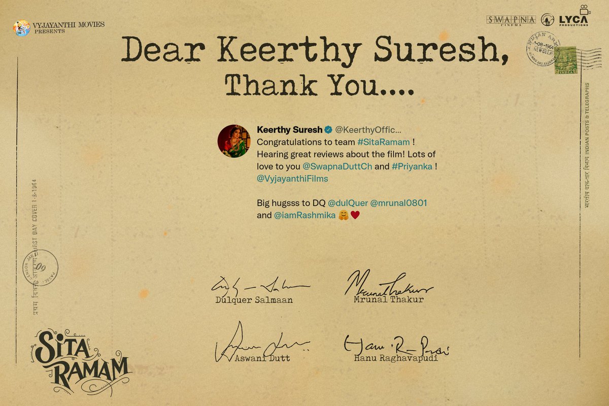 VyjayanthiFilms's tweet photo. Thank you Maa Mahanati :)

@KeerthyOfficial #SitaRamam 

#SitaRamamInCinemas @dulQuer @mrunal0801 @iamRashmika @iSumanth @TharunBhasckerD @hanurpudi @AshwiniDuttCh @VyjayanthiFilms @SwapnaCinema @DQsWayfarerFilm @LycaProductions @SonyMusicSouth https://t.co/ZByTridIlO