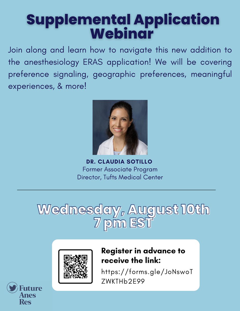 FutureAnesRes's tweet photo. Hi future anesthesiologists! The amazing @ClaudSotilloMD will be joining us this Wednesday, August 10th to help answer all of your questions about the Supplemental Application. We hope you can join us! Please register in advance to receive the Zoom link.

https://t.co/lNk4I8NhoX https://t.co/ySRcmMoBC1