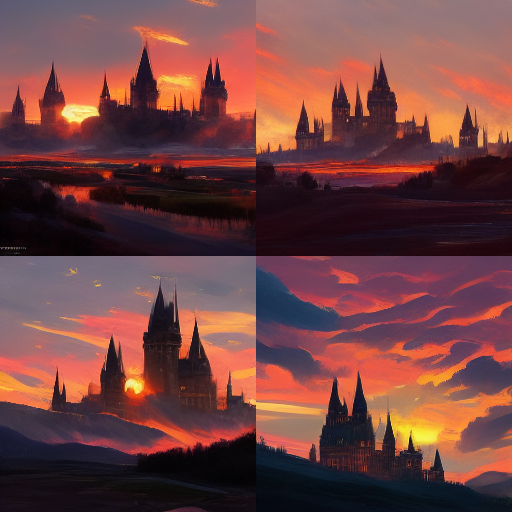 Essa imagem do pôr-do-sol em Hogwarts foi criada através de inteligência artificial. Peguei a dica pelo <a href="/imaginago/">imaginago</a> (ele criou algumas imagens também) e falou como fazer. Surreal! ❤️