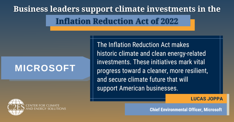C2ES_org's tweet photo. The climate and clean energy investments in the #InflationReductionAct are vital to lowering emissions and creating a thriving economy. @Microsoft is one of many companies joining us to urge Congress to act swiftly and pass the bill.
🔗: https://t.co/hnZYmvuwq4 https://t.co/SYu76M4SOj