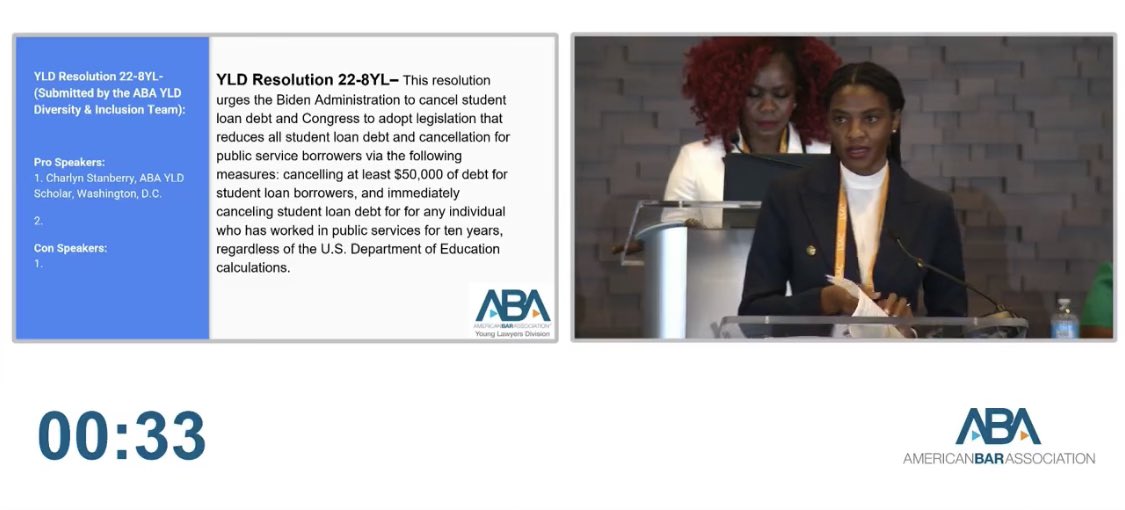 nba_yld's tweet photo. Thank you #NBAYLD Member and @nationalbar BOG Member, Charlyn Stanberry, for advocating for the cancellation of #studentloans at the #YLDAssembly. 

The Resolution was adopted.👏🏽👏🏽 https://t.co/zr6SK2sZsn