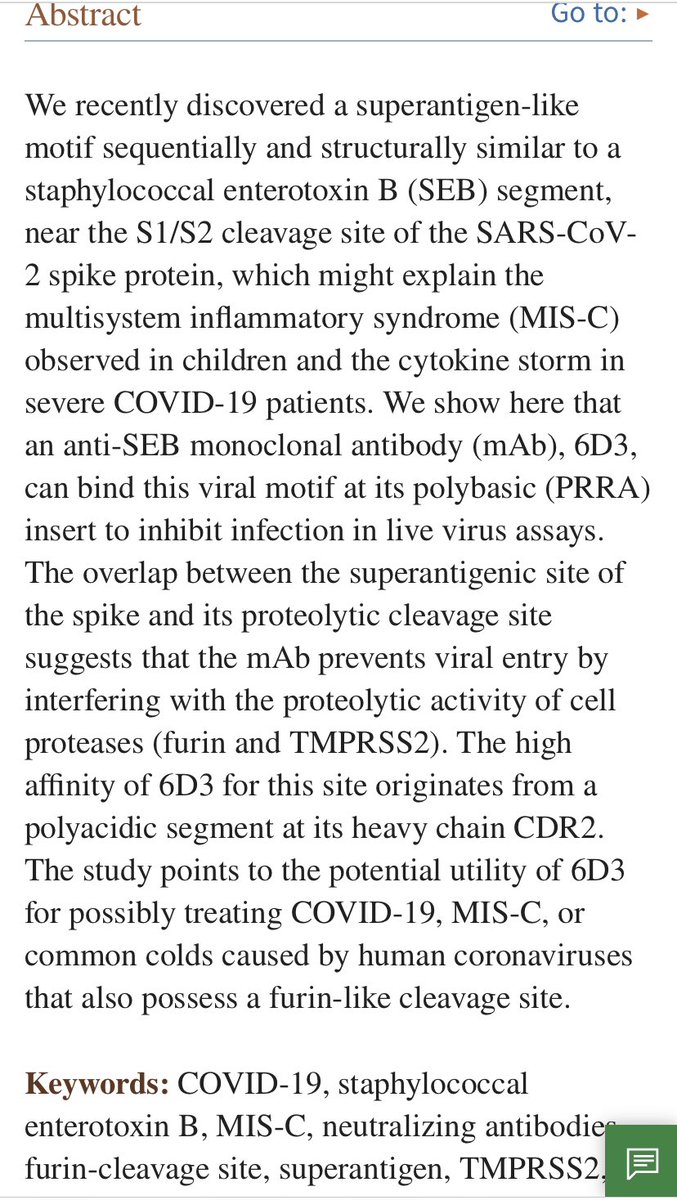 SixandLaura's tweet photo. “We recently discovered a superantigen-like motif sequentially and structurally similar to a #staphylococcal #enterotoxin B (SEB) segment, near the #S1/#S2 cleavage site of the #SARSCoV_2 spike protein, which might explain the multisystem inflammatory syndrome (MIS-C)…” https://t.co/3vEkV5NELN