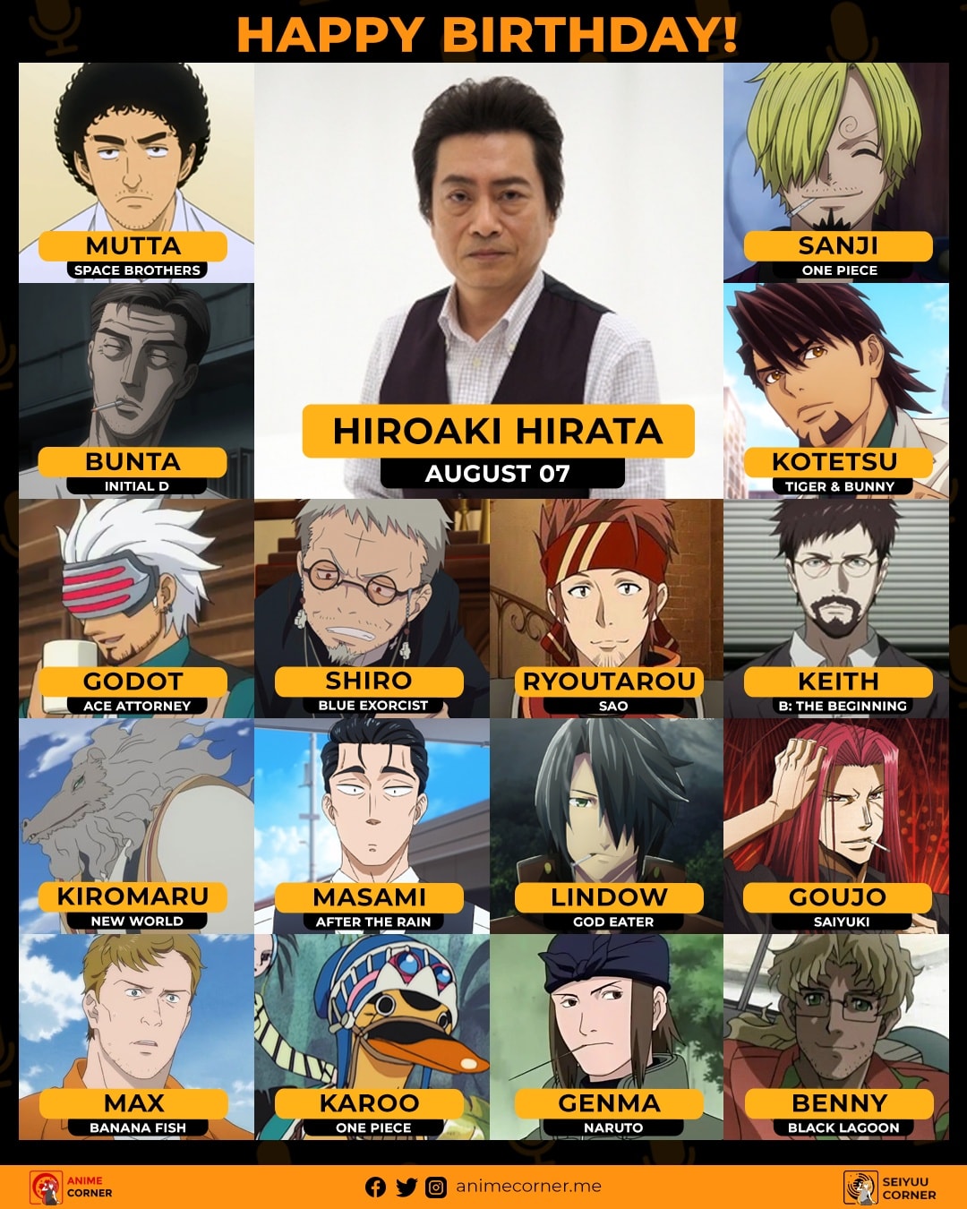 Anime Corner on X: Happy 58th birthday to Hiroaki Hirata! 🥳 He is the voice  actor of iconic characters like Sanji from One Piece, Kotetsu T. Kaburagi  from Tiger & Bunny, Ryotaro 