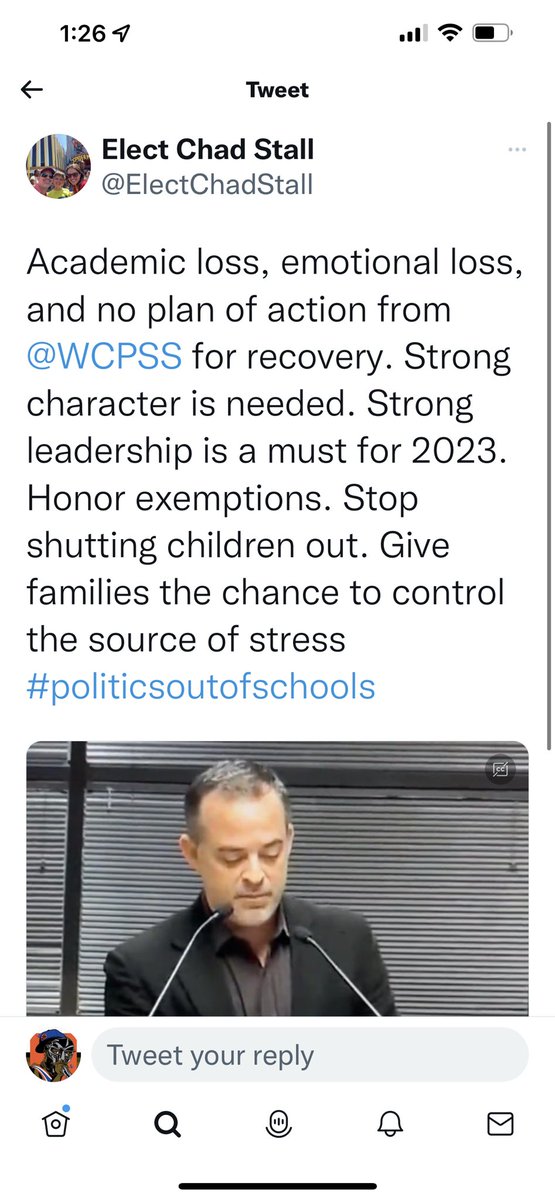 BClonninger's tweet photo. @WCPSS @ElectChadStall @nckhui I find it interesting that Chad is talking about strong character after the way he has acted at school board meetings and getting kicked off 2 school campuses for his behavior….. https://t.co/uFSdVe8jrw