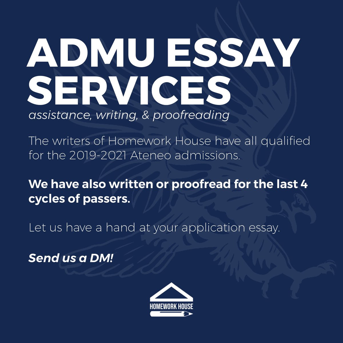 HomeworkHousePH's tweet image. APPLICATION SZN IS HERE! 🦅🦅🦅

Not sure where to start? Let us take your worries away, and we’ll be sure to deliver only the best essays your way 😎

# lf comm comms commission college application ateneo admu applications essay client commissioner admission admissions