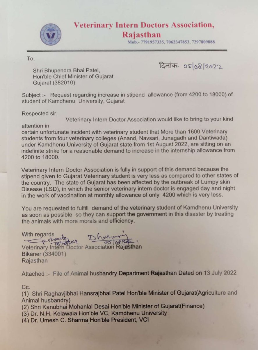 Thank you soo much veterinary intern doctors association, RAJASTHAN for supporting us ...we are very grateful to you ...🙏✊
#Increase_Guj_Vet_Stipend 
#Guj_vet_union
<a href="/Bhupendrapbjp/">Bhupendra Patel</a> <a href="/CMOGuj/">CMO Gujarat</a> <a href="/PMOIndia/">PMO India</a> <a href="/aajtak/">AajTak</a> <a href="/ANI/">ANI</a> <a href="/PRupala/">Parshottam Rupala</a> <a href="/presidentVCI/">Dr. Umesh C Sharma</a> <a href="/ndtv/">NDTV</a> <a href="/tv9gujarati/">Tv9 Gujarati</a> <a href="/sandeshnews/">Sandesh</a> <a href="/VtvGujarati/">VTV Gujarati News and Beyond</a>