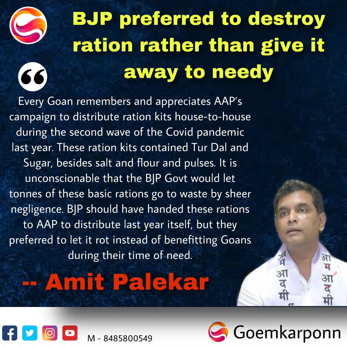 AAPGoa's tweet photo. BJP preferred to destroy ration rather than give it away to needy - @AmitPalekar10 

@CruzSilvaVelim @VenzyViegas @ValmikiNaik @tilvesurel11 @CecilleSupermom @adv_coutinho @ramraowagh @SIDDESHBHAGAT1 https://t.co/CmbipVxL55