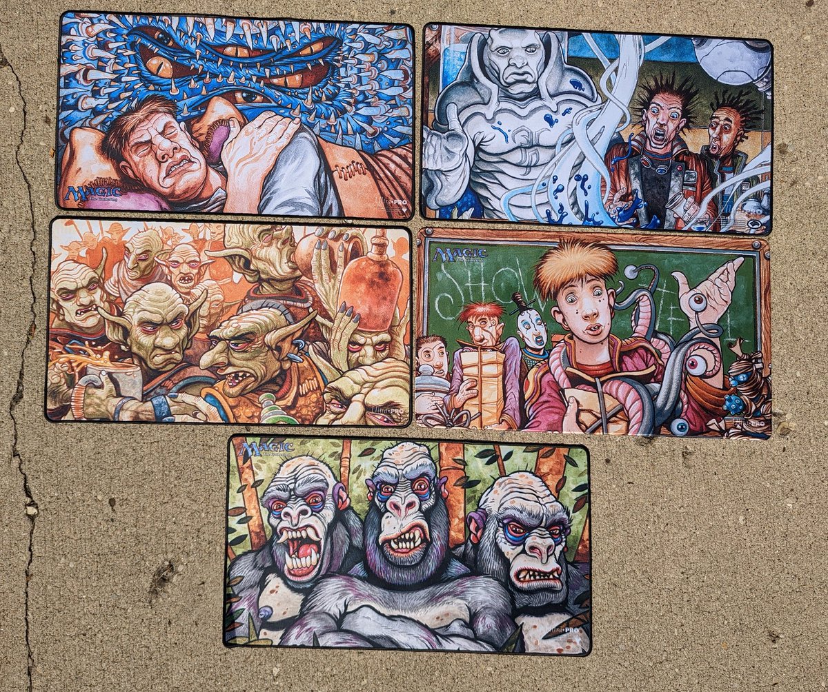 IllustratorJeff's tweet photo. The #MTG UltraPro playmats arrived! I have a new stitched batch of #ShowAndTell, #RecurringNightmare,#ApesOfRath, #Miscalculation, & #GoblinFestival. Some have been out of print since 2019. If you'd like one send a note. They'll be @ #StatCityCon Baltimore & events this fall.π https://t.co/KP4eeLip5r