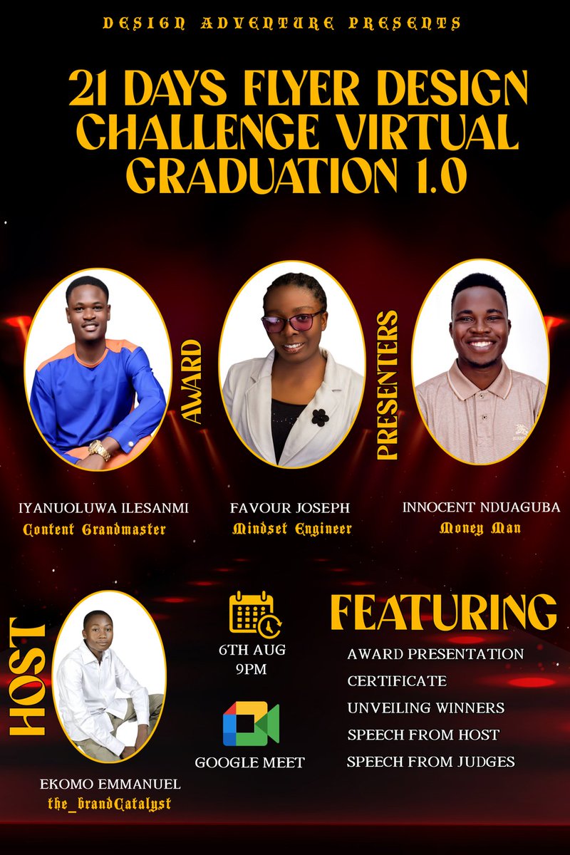 EaglezEmpire007's tweet image. Hmmm😔...
For whatever has a beginning must have an ending 🥺.

So far so good😊, it&apos;s athe final day of the challenge...

#Day21
#21DaysFlyerDesignChallenge
#AwardPresentationDesign
#SmartphoneFlyerDesign
#DesignAdventure