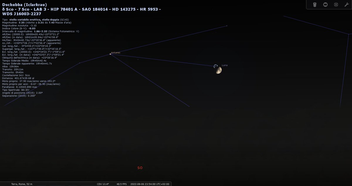 AstroPratica's tweet photo. 🌌Cieli sereni questa sera (6 Agosto)?
La #Luna🌖occulterá la stella✨Delta Scorpii (#Dschubba - mag.+2.4) tra le ~23:50 e le ~00:05.
Meglio osservare con un #binocolo/#telescopio🔭 ma provate anche ad occhio nudo se sotto cieli sufficientemente bui. #astronomia #occhialcielo https://t.co/JhjZYubuk4