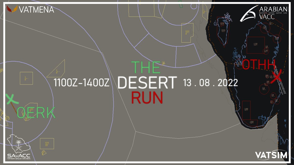 Want a break from your stressful life?- or not... Then come fly in "The Desert Run" and watch the beautiful desert slowly become a clear-water coast!

Saudi and Arabian vACC invite you to fly Doha (OTHH) <-> Riyadh (OERK) on the 13th of August: 1100Z-1400Z!

See you on the scope!