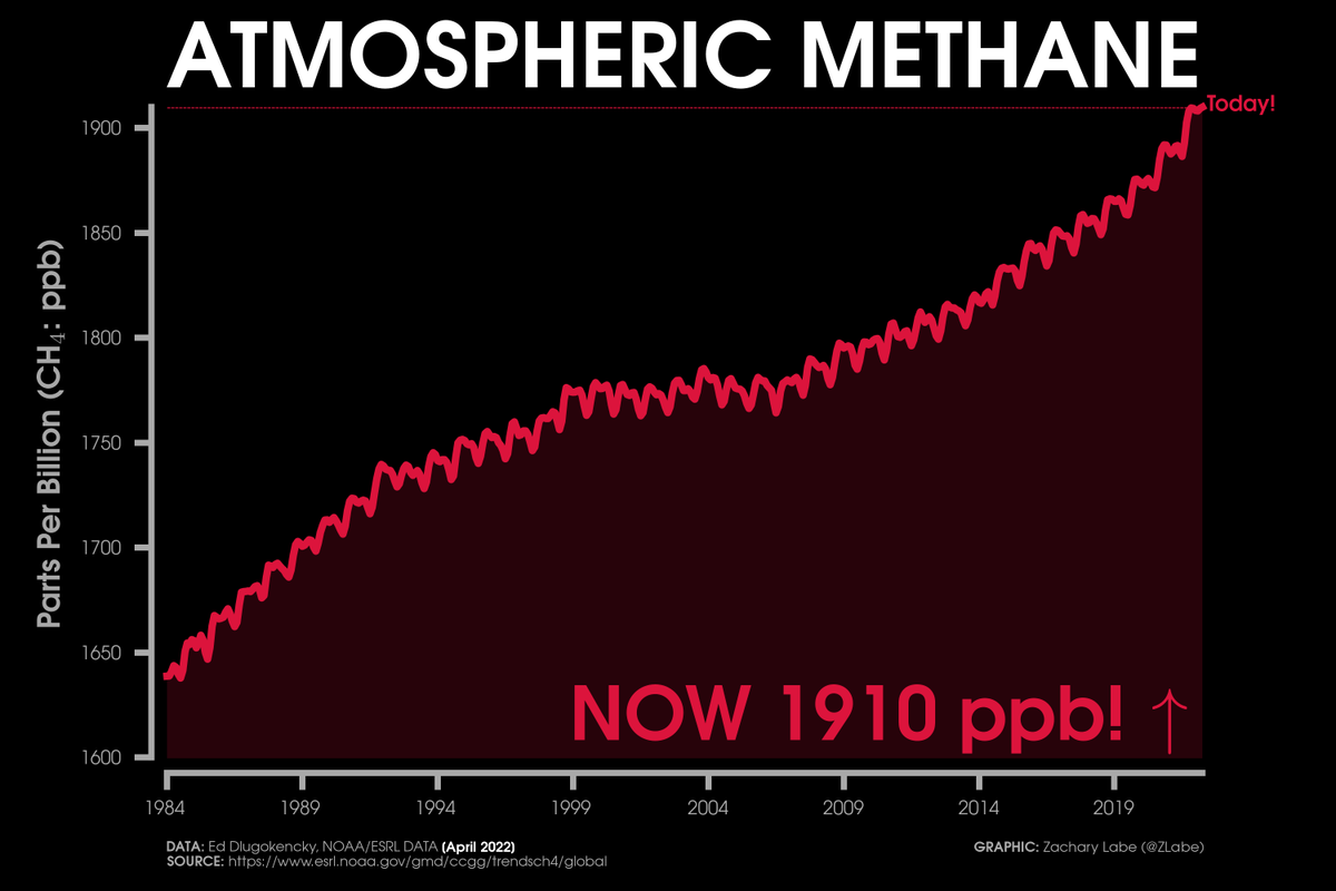 ZLabe's tweet image. Methane (CH₄) is a potent greenhouse gas and currently at record high levels. Here are the newest observations... 📈

April 2022 - 1909.9 ppb
April 2021 - 1891.2 ppb
    
+ Data (@NOAA_ESRL): esrl.noaa.gov/gmd/ccgg/trend…
+ More info on trends: pnas.org/doi/abs/10.107…