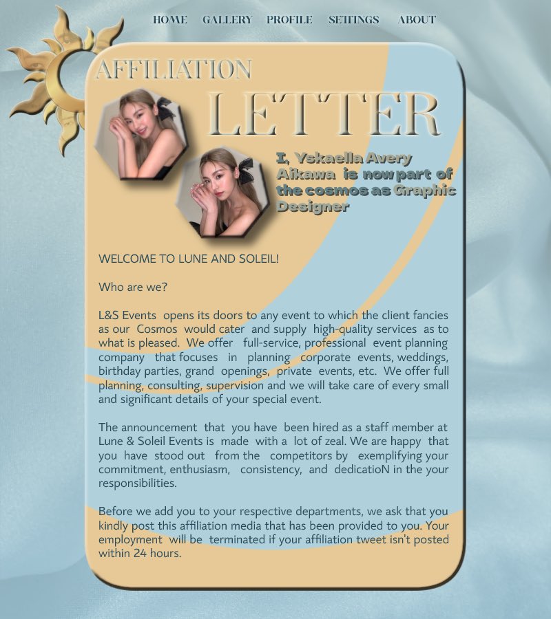 ㅤ   
   
𝙄𝙡 𝙨𝙤𝙡𝙚 𝙚 𝙡𝙖 𝙡𝙪𝙣𝙖 𝙨𝙤𝙣𝙤 𝙨𝙚𝙢𝙥𝙧𝙚 𝙘𝙤𝙣 𝙩𝙚! 
 
I am Yskaella and I am a part of the Cosmos as Graphic Designer of Lune and Soleil in which we bring dream events to life! 
 
#CosmosOfLnS #MacrocosmByLnS 
#LuneAndSoleilEngenders 
   
ㅤ