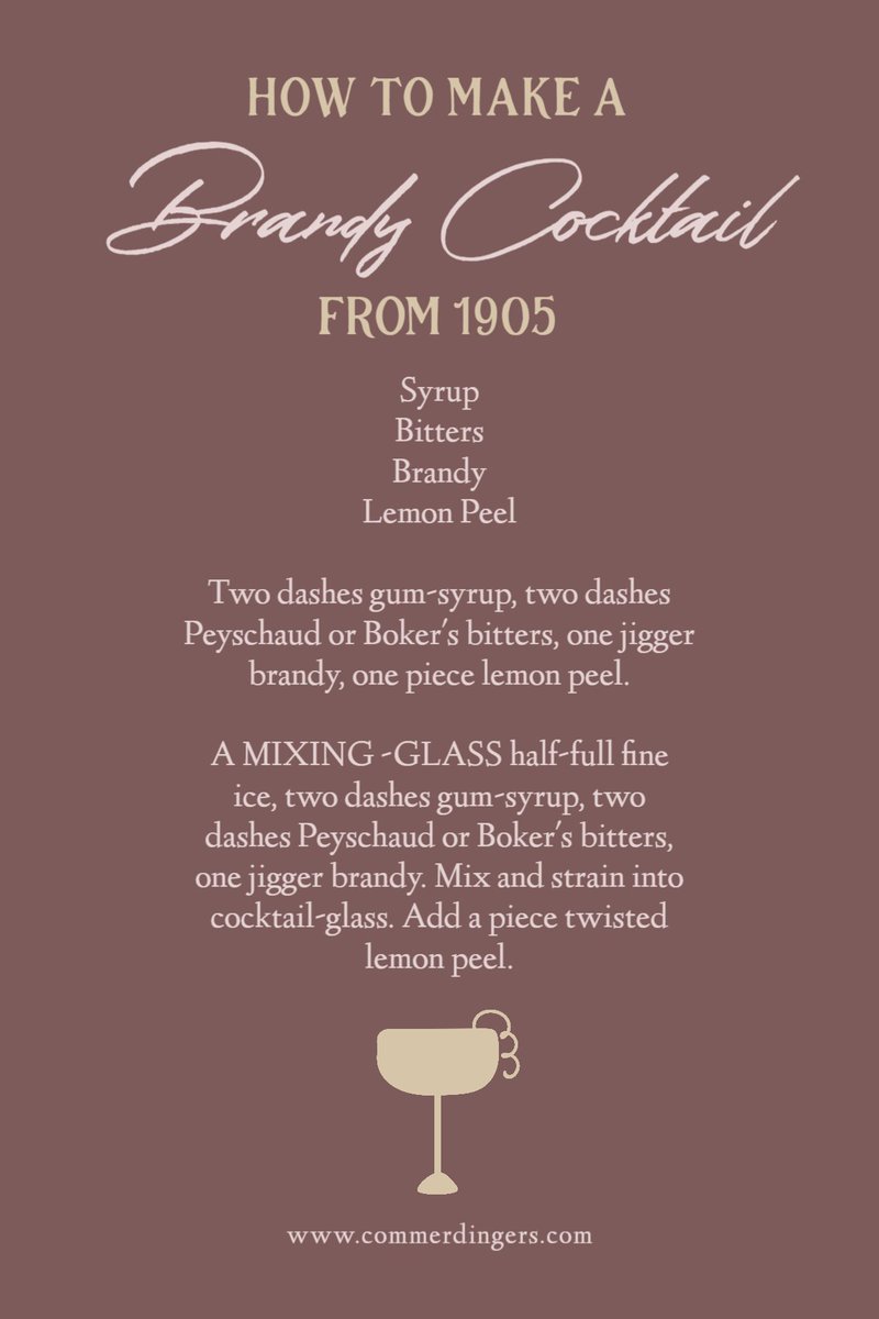 commerdingers's tweet photo. #BrandyCocktail From 1905

MIXING -GLASS half-full fine ice, two dashes #gumsyrup, two dashes #Peyschaud or #BokersBitters, one jigger #brandy. Mix and strain into #cocktailglass. Add a piece twisted #lemonpeel.

https://t.co/AyflsVQPvY https://t.co/HsgTj6bWsg