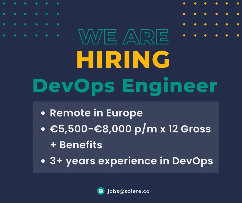 AgencySolere's tweet photo. We are hiring for Mid and Senior #devopsengineers #devops #aws #heroku #ansible #linux on full remote basis in #europe only.
Salary: €5,500-€8,000 p/m + Benefits.
You can review job description and apply here: https://t.co/Azo7bxoNNw or send your CV to jobs@solere.co https://t.co/5BuQeiSbLc