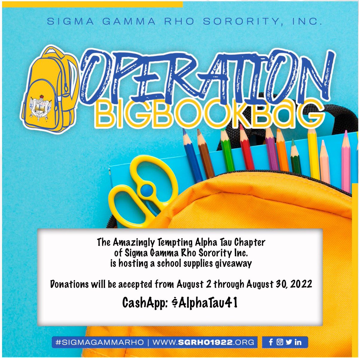AT_SGRhos's tweet photo. School is in session! Operation Big Book Bag is a national program designed to provide educational materials to aid students in their educational endeavors. The Amazingly Tempting Alpha Tau Chapter is hosting a school supplies giveaway for the upcoming school year. #ATAT https://t.co/kstRJohcm4
