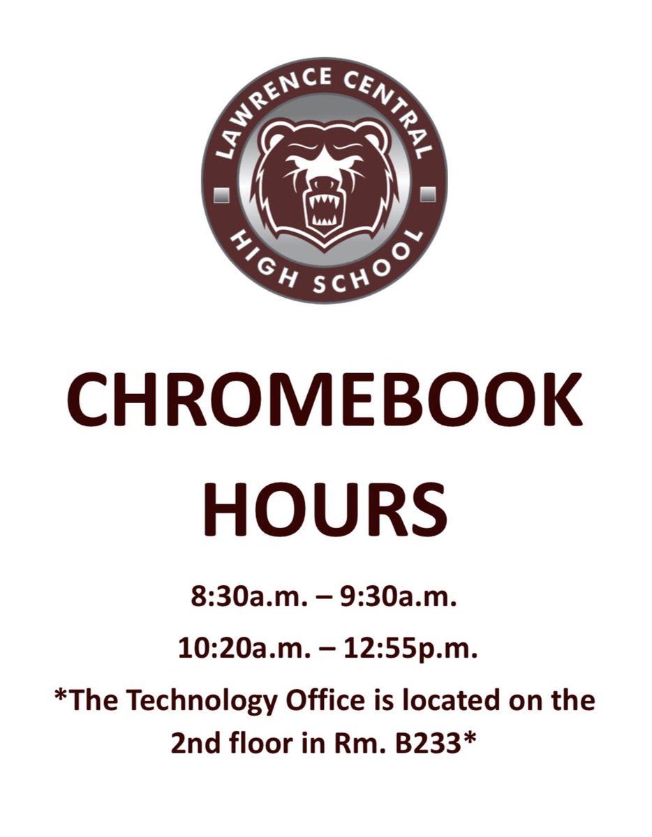 FreshmanLc's tweet photo. Students that still need a Chromebook or need Technolgy Assistance, please go to the 2nd floor B233 during the following hours. 🐻 @LCHSBears @lcbearsguidance @LCHSAthletics @lcpaa @ltgoodnews @MaloneyLC https://t.co/0LHxWP6CmY