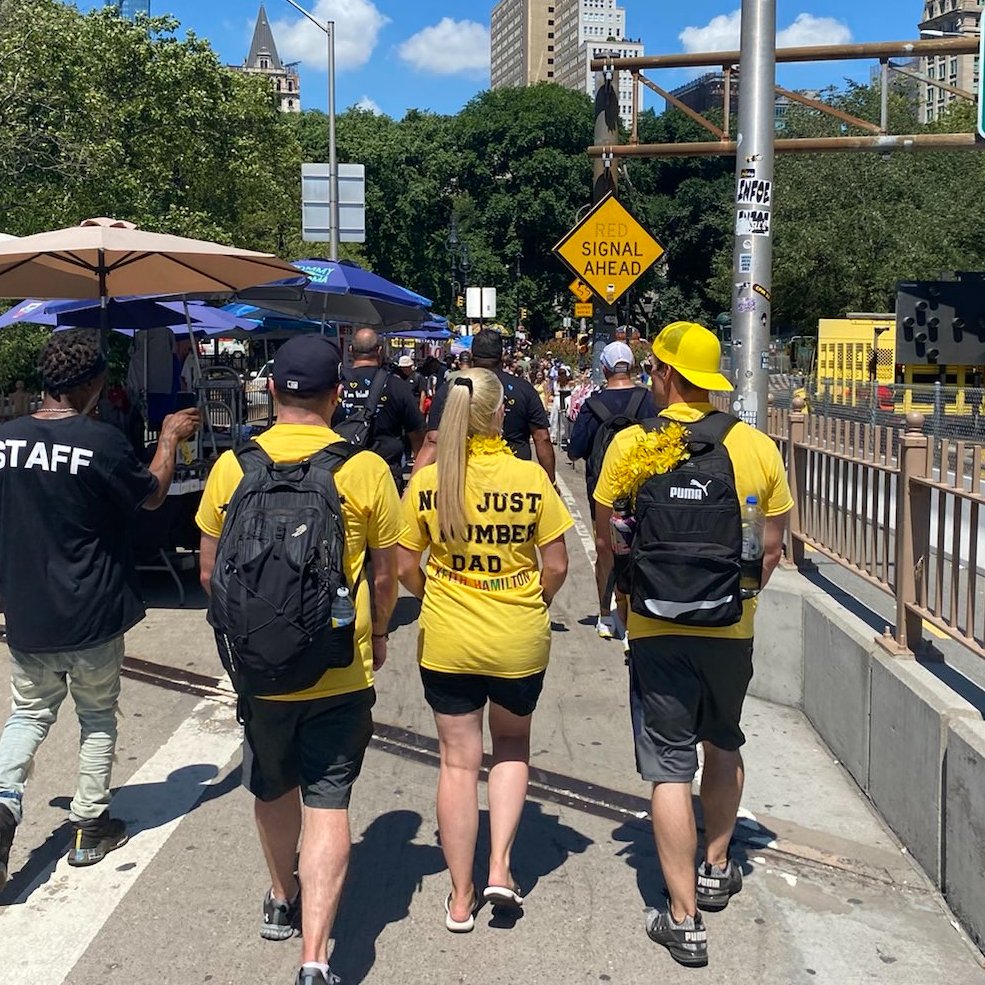 SurvivorsChange's tweet photo. Today we crossed the Brooklyn Bridge, inspired by Hannah Ernst and her grandfather Cal. They planned to cross together in 2020, but were unable to as Cal sadly died from COVID-19 in May 2020. 

Who are you marching for? 

#IMarchFor #MarchtoRemember #ForeverYellow https://t.co/7Ume45sDco