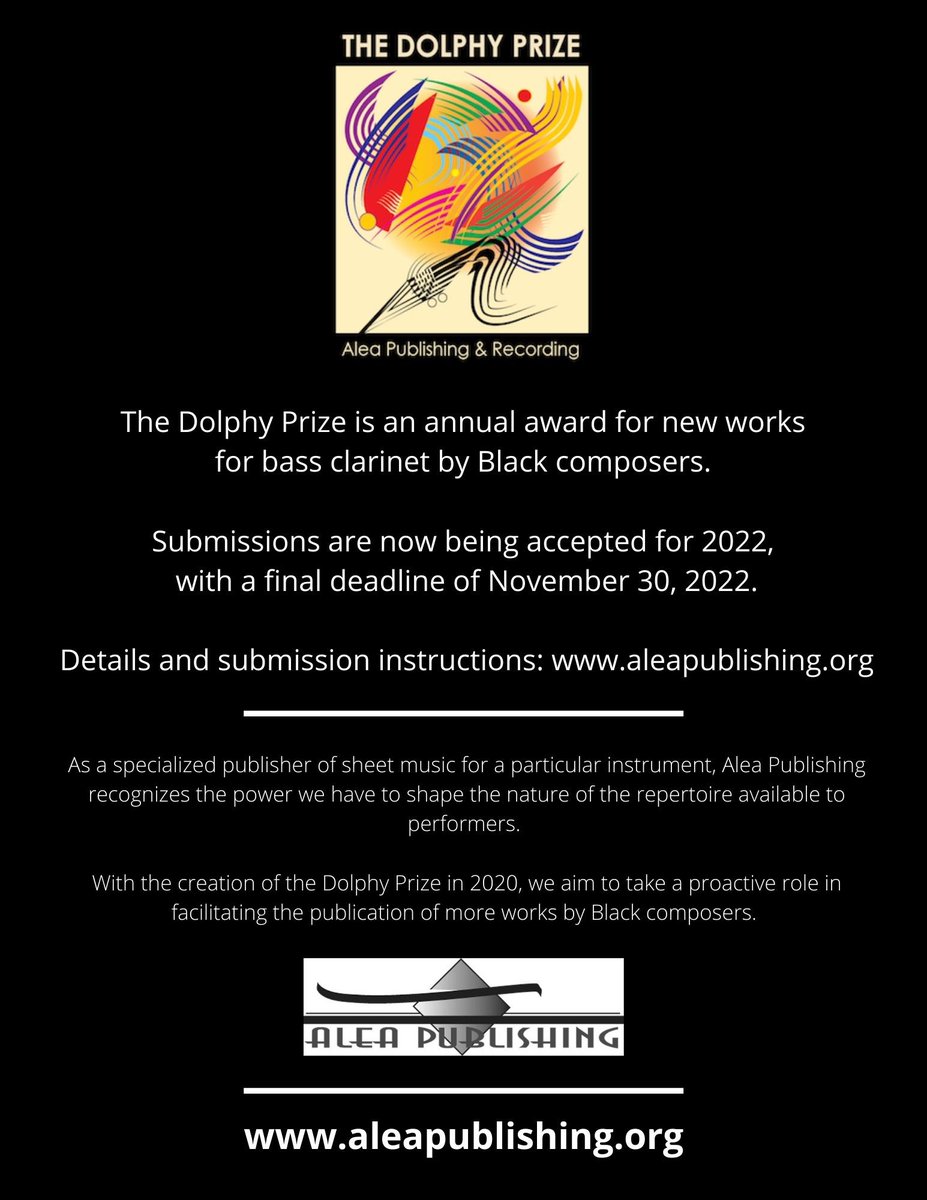 BassClarinetOrg's tweet image. Please help us spread the word about the third annual Dolphy Prize for new works by black composers!

#composer #prize #newmusic #blackcomposer #dolphy #dolphyprize #bassclarinet