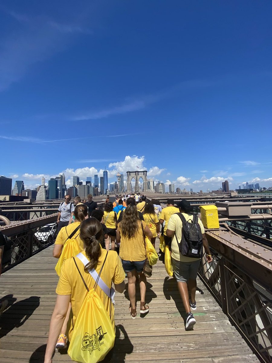 SurvivorsChange's tweet photo. Today we crossed the Brooklyn Bridge, inspired by Hannah Ernst and her grandfather Cal. They planned to cross together in 2020, but were unable to as Cal sadly died from COVID-19 in May 2020. 

Who are you marching for? 

#IMarchFor #MarchtoRemember #ForeverYellow https://t.co/7Ume45sDco