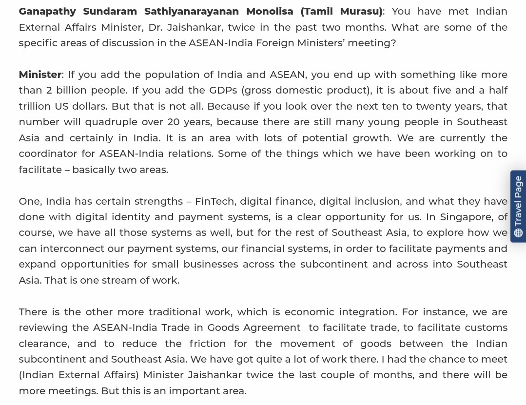 Singapore's foreign minister Vivian Balakrishnan says what India has done with "digital identity and payment systems" is a "clear opportunity for us". Transcript by Singapore foreign ministry on his meet with EAM Jaishankar in Cambodia.