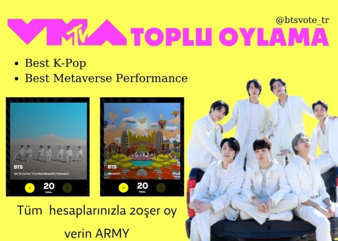 btsvote_tr's tweet photo. ⭐VMA TOPLU OYLAMA⭐

💌Power hour başladı!
💌20.00-21.00 arası 2 kategori için de 20'şer oy verebilirsiniz
💌En az 6 hesabınızla oylarınızı #BTS için verin ARMY

Adımlar: https://t.co/MIC8scHpkW
🗳: https://t.co/lErCooz1s3

⬇Ekran görüntülerinizi bizimle paylaşın https://t.co/7PcRVujaSk