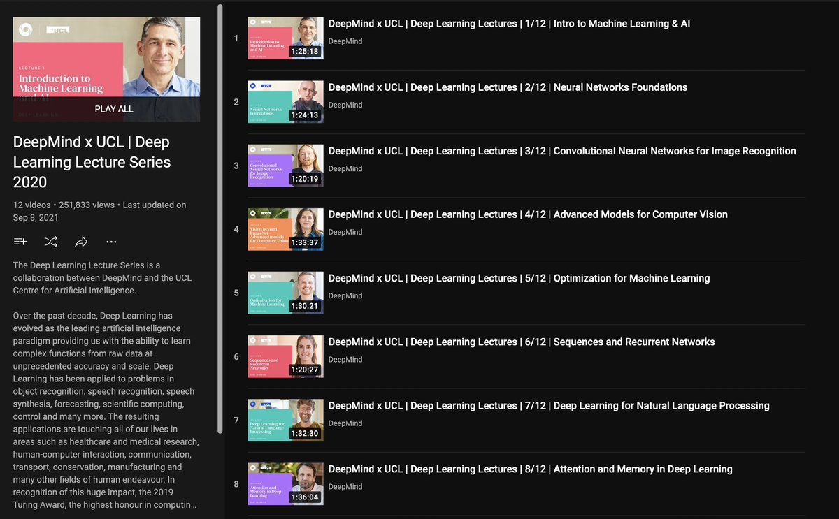 DeepMind &amp; UCL Deep Learning Lecture Series

12 lectures on different deep learning algorithms and techniques in natural language processing, vision, generative modeling, etc...

All lectures and presentations are free and you can take them at your pace.

youtube.com/playlist?list=…