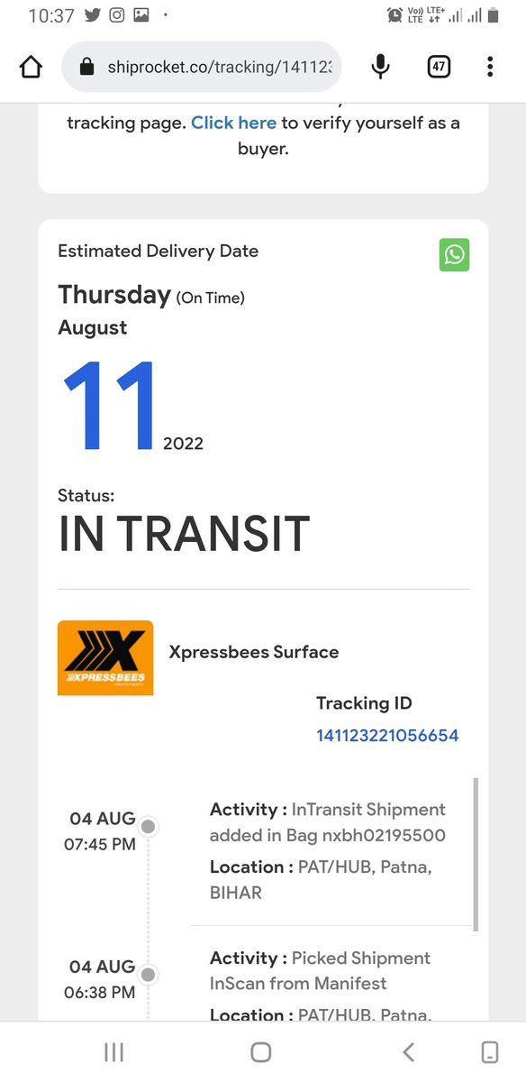 Priya_Shalinii's tweet photo. @ShiprocketIndia @XpressBees_IN this parcel hasn't moved from Patna since 4Aug. I followed up 5 times but yet you both failed. @ShiprocketIndia do you have anything more that fake apology to offer ? #shiprocketpoorservice #shiprocketfakepromises #shiprocketisuselessnow https://t.co/vCDFR0HRLq