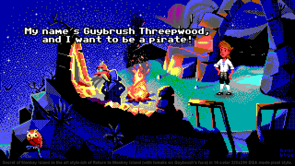 Brightcolorguy's tweet photo. #ReturntoMonkeyIsland-ish artstyle 16-color EGA-mode #Pixelart #fanart of Secret of #MonkeyIsland opening screen. @terribletoybox @phrenopolis @grumpygamer https://t.co/0i3UEqw1i7