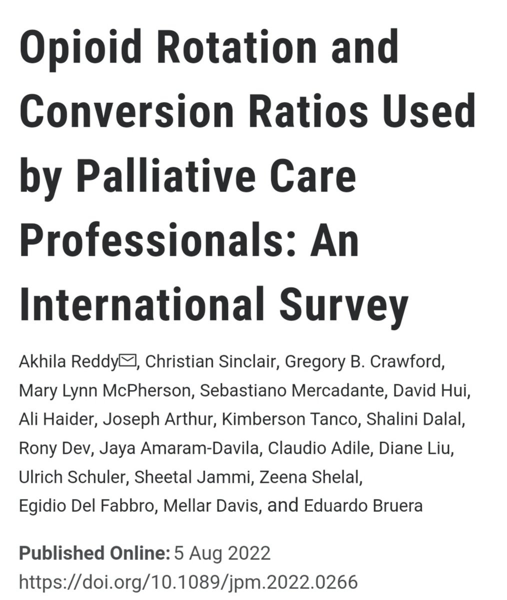 Reddysuppcare's tweet photo. What ratios do u use for opioid rotation &amp; conversion? See the results of an international survey of #Palliative care professionals. By @CancerCareMASCC pain study subgroup. An opioid table developed by multiple organizations is on the horizon! #HPM #HAPC  https://t.co/wgfvMLn0Xk https://t.co/Us84Bjlq15