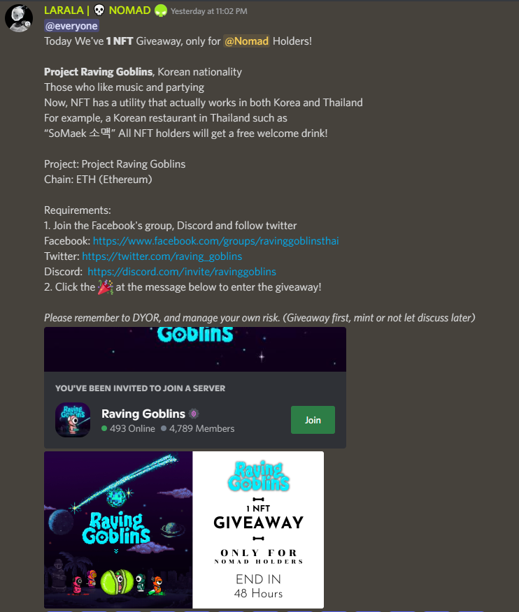 NearNomad's tweet photo. We're hosting an NFT giveaway from @raving_goblins in our Discord Right now.⚡️⚡️ (ETH)

For Nomad Holder only. Check out # wl-giveaway in our discord!
https://t.co/a06CinCWue

#NearNomad #NomadClub #ETH #NFT https://t.co/T5KrRaxMbd
