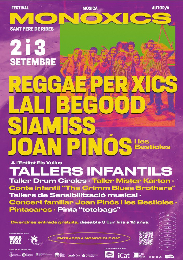 El Monoxics te cartell propi!
El programa més eixerit per als més petits😊
Concerts, tallers i activitats formaran part del cap de setmana a l’Escola la Riera de Ribes i a l’espai dels Xulius. 
Tota la info sobre tallers, horaris i preus al nostre web! monocicle.cat💟