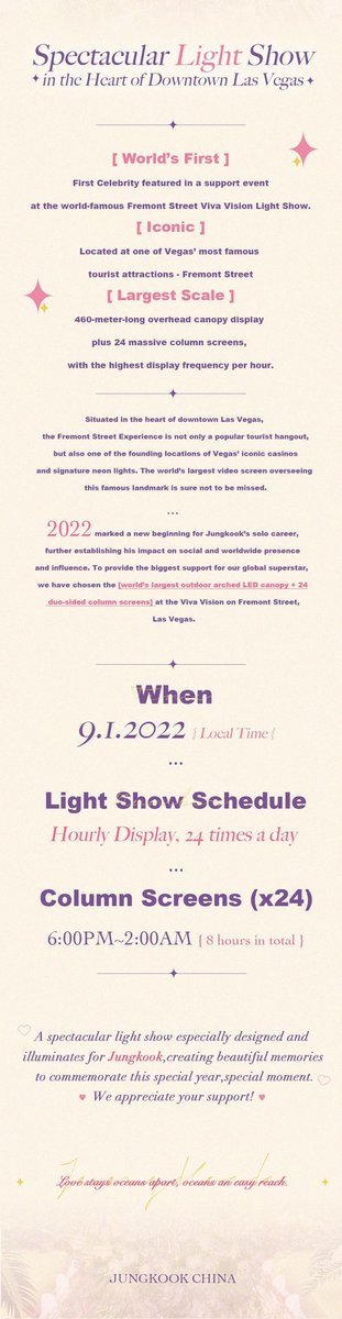 Jungkook__China's tweet photo. 2022 JungkookCHINA Birthday Support #1997Leverrier: Part 1 

Viva Vision Light Show 
Fremont St, Las Vegas 🇺🇸 

✨️First Ever Fan Support Viva Vision Light Show
✨️460mx27m overhead LED Canopy + 24 Massive Column Screens

📅 9.1
Hourly Light Show (24h)
 #Jungkook #정국 @BTS_twt https://t.co/RDj8TlWke9
