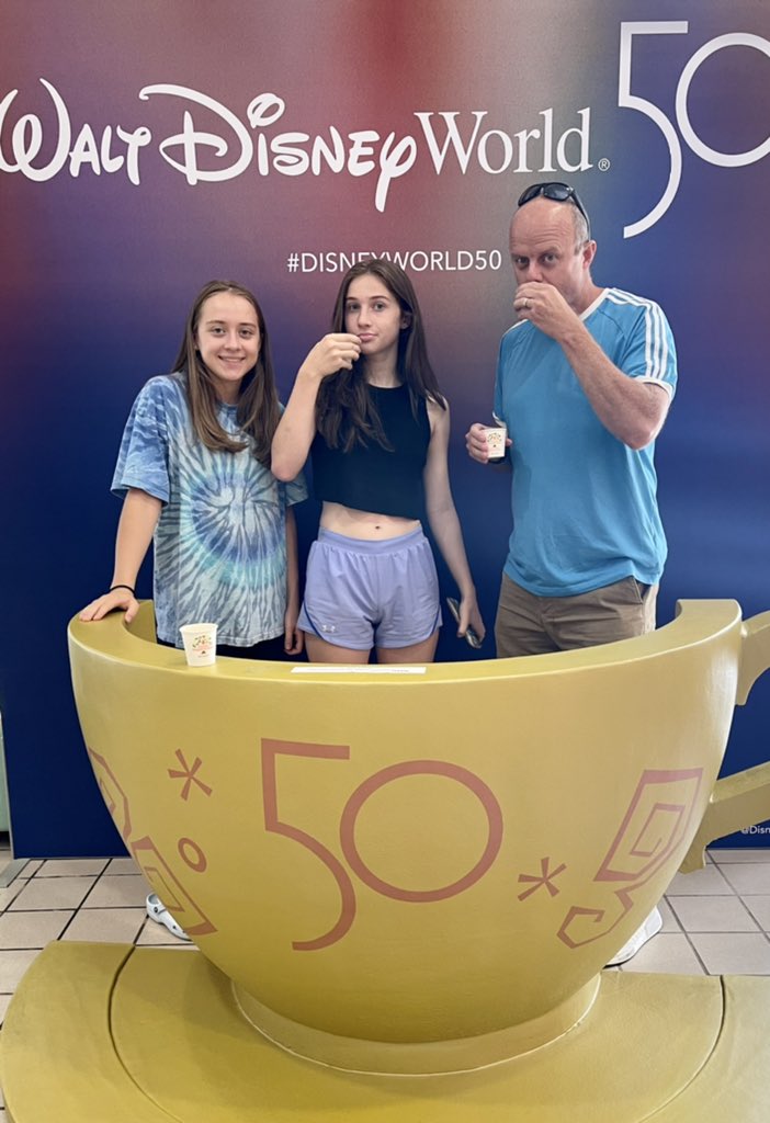 BillTorg's tweet photo. Here we are trying to offset the cost of Disney tickets by drinking a lot of free juice at the Florida welcome center. @IzzyTorg @MeganTorgerson https://t.co/apQetkfTWR