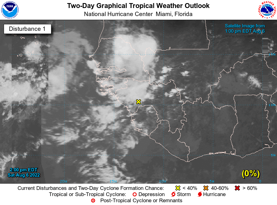 NHC_Atlantic's tweet photo. 2 pm EDT Aug 6: A tropical wave is forecast to move off the west coast of Africa tonight or early Sunday. Gradual development of the wave is possible while it moves westward across the eastern and central tropical Atlantic through the middle of next week.

https://t.co/m9946DGzPQ https://t.co/MuZ0ACAae9