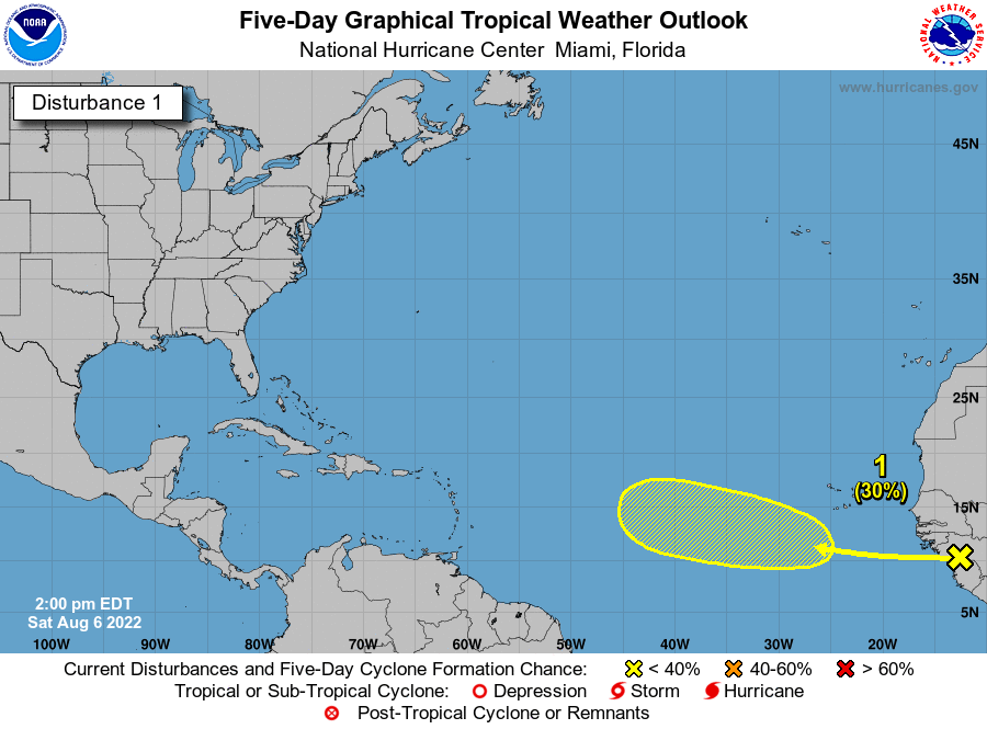 2 pm EDT Aug 6: A tropical wave is forecast to move off the west coast of Africa tonight or early Sunday. Gradual development of the wave is possible while it moves westward across the eastern and central tropical Atlantic through the middle of next week.

nhc.noaa.gov/gtwo.php?basin…