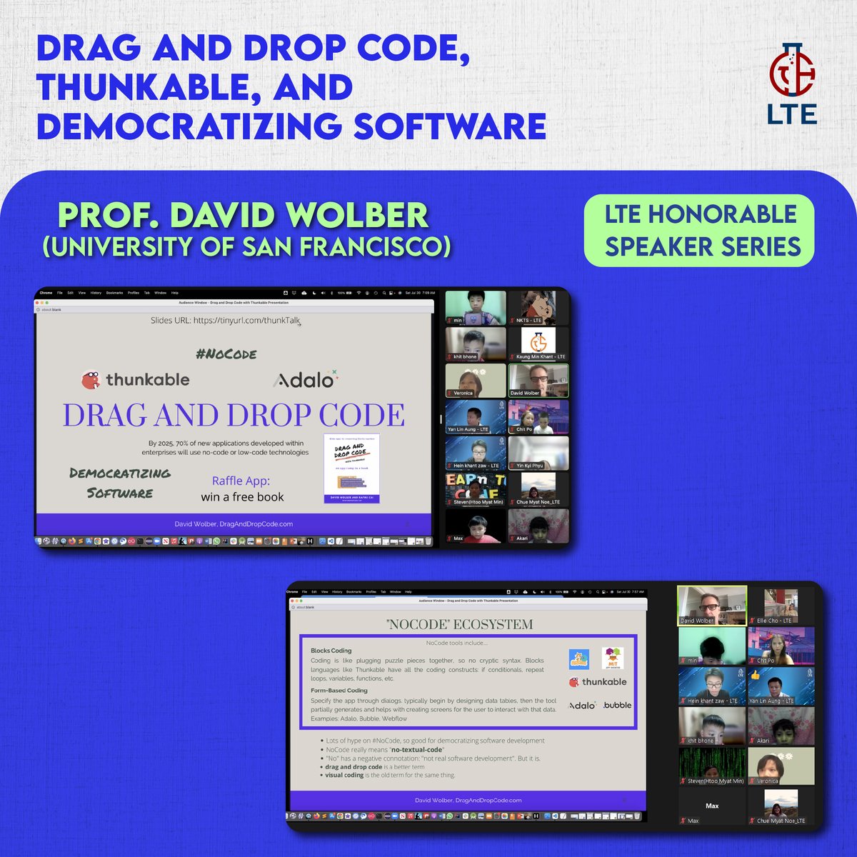 wolberd's tweet photo. A @Thunkable demo, a raffle app, some @Adalo, my thoughts on #NoCode and the democratization of software, great ?s from 12 year olds, a glimpse into my living room: my talk to an innovative group teaching app building and CS to kids in Myanmar. 
https://t.co/IIV3kTI7Sg https://t.co/USWQMtVTdo