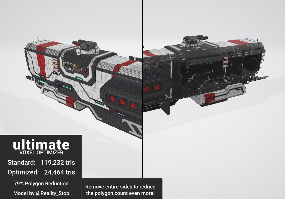 nateonus's tweet photo. I went and added even more optimizations to my Ultimate Voxel Optimizer program. Since this frigate is only seen from one side, I can lower the model by 95,000 polygons. Talk about a reduction! 🥳🥳

#voxel #voxelgamedev #gamedev #indie #indiegamedev #madewithunity https://t.co/YXgNdlpFK6