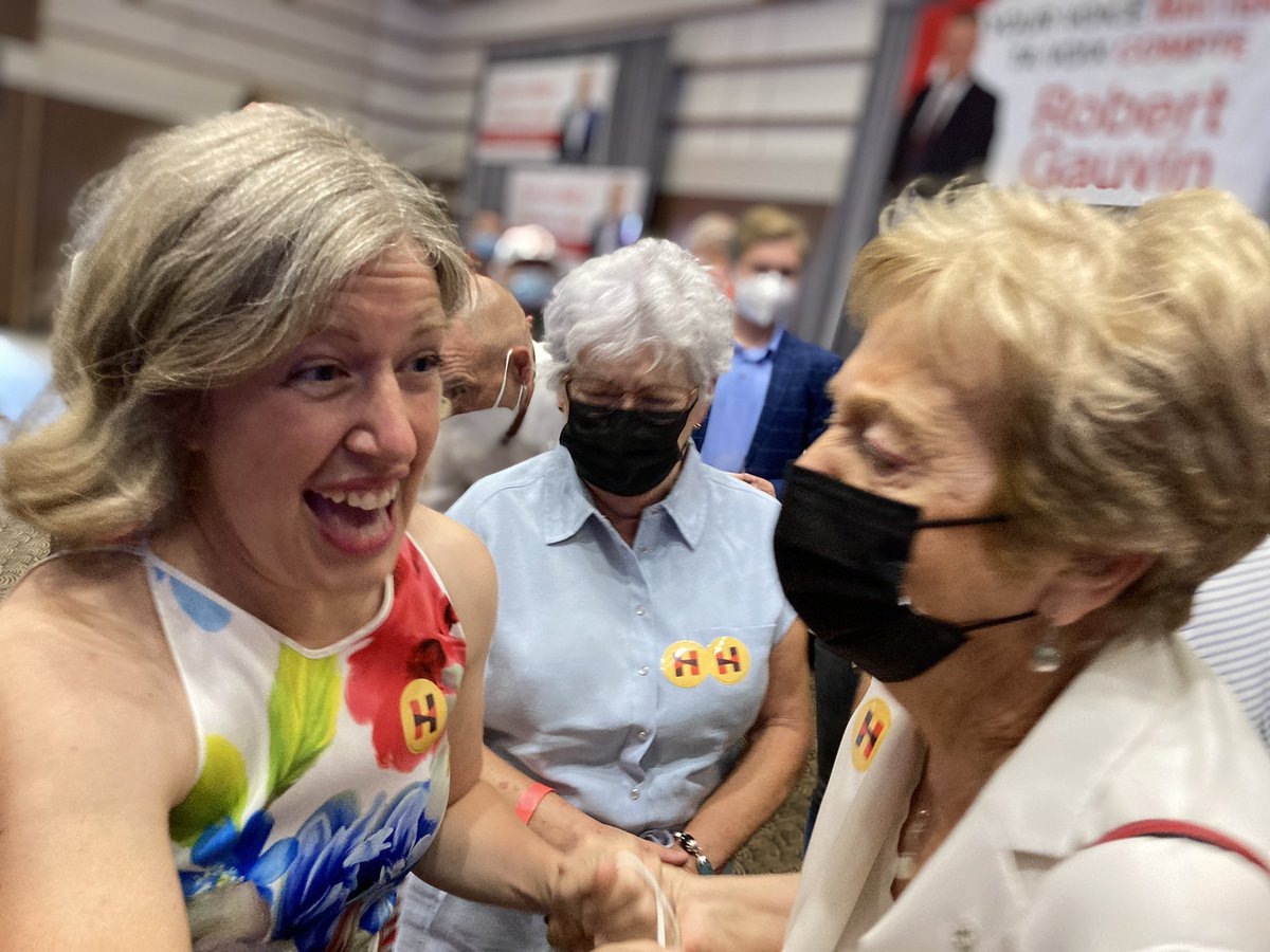 poitrasCBC's tweet photo. First woman elected leader of the New Brunswick Liberals Susan Holt embraced by former deputy premier Aldéa Landry. https://t.co/S9Y8hATJeo